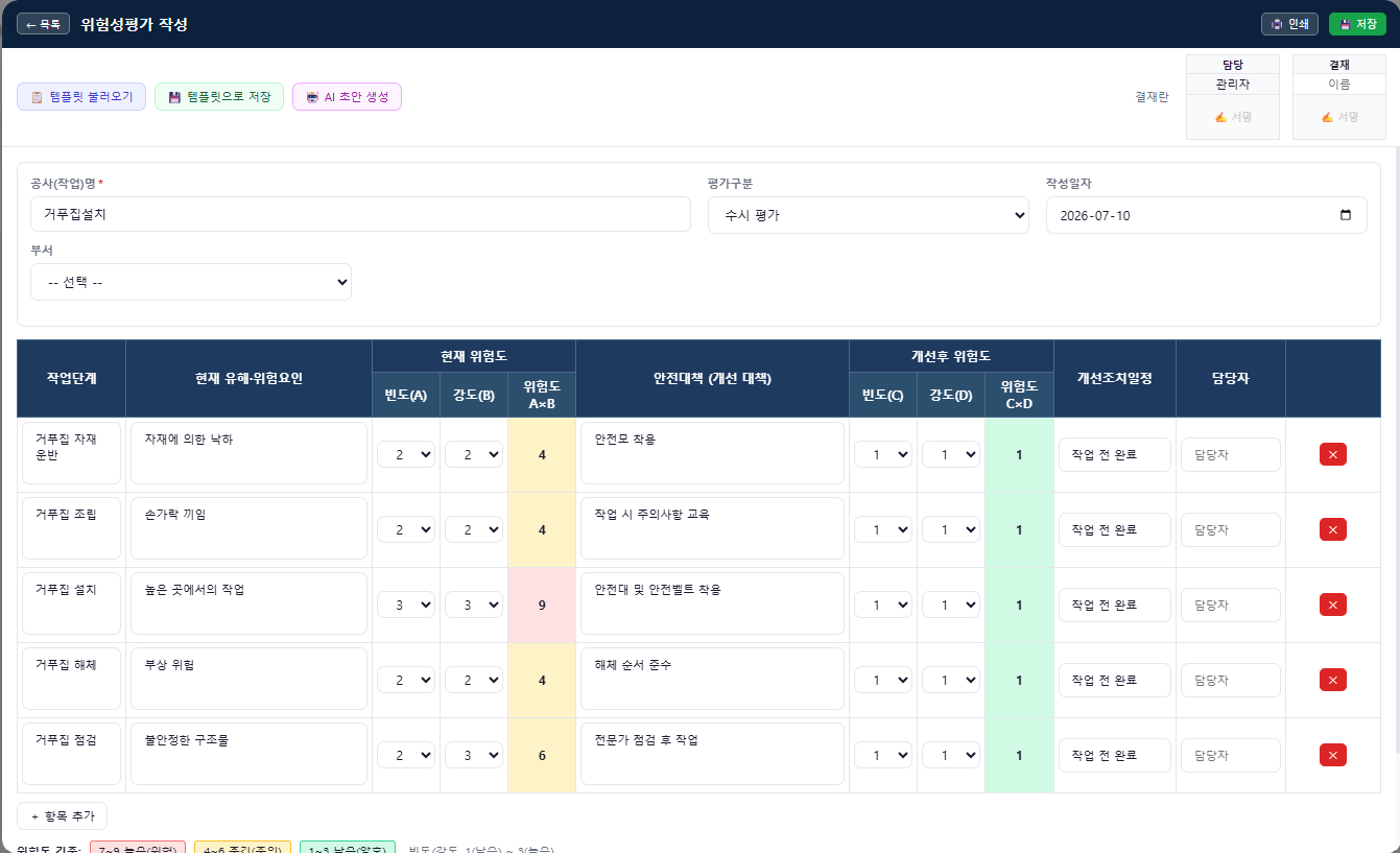 misosafety 위험성평가 작성 실제 화면
